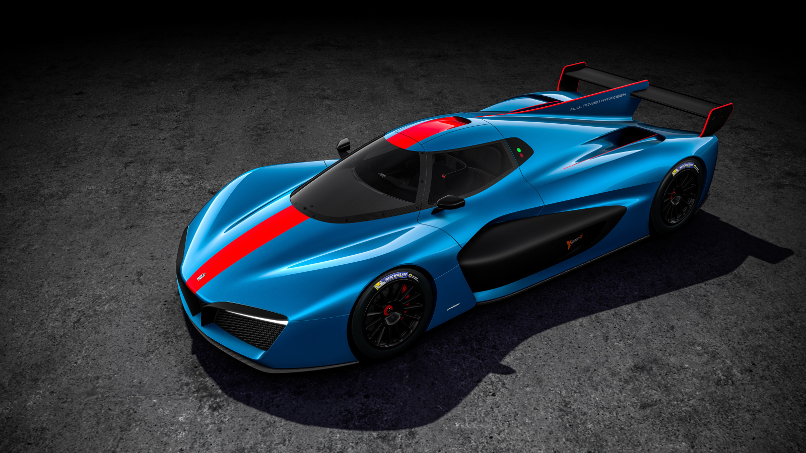 Голубой гоночный автомобиль Pininfarina H2 Speed Front 2018