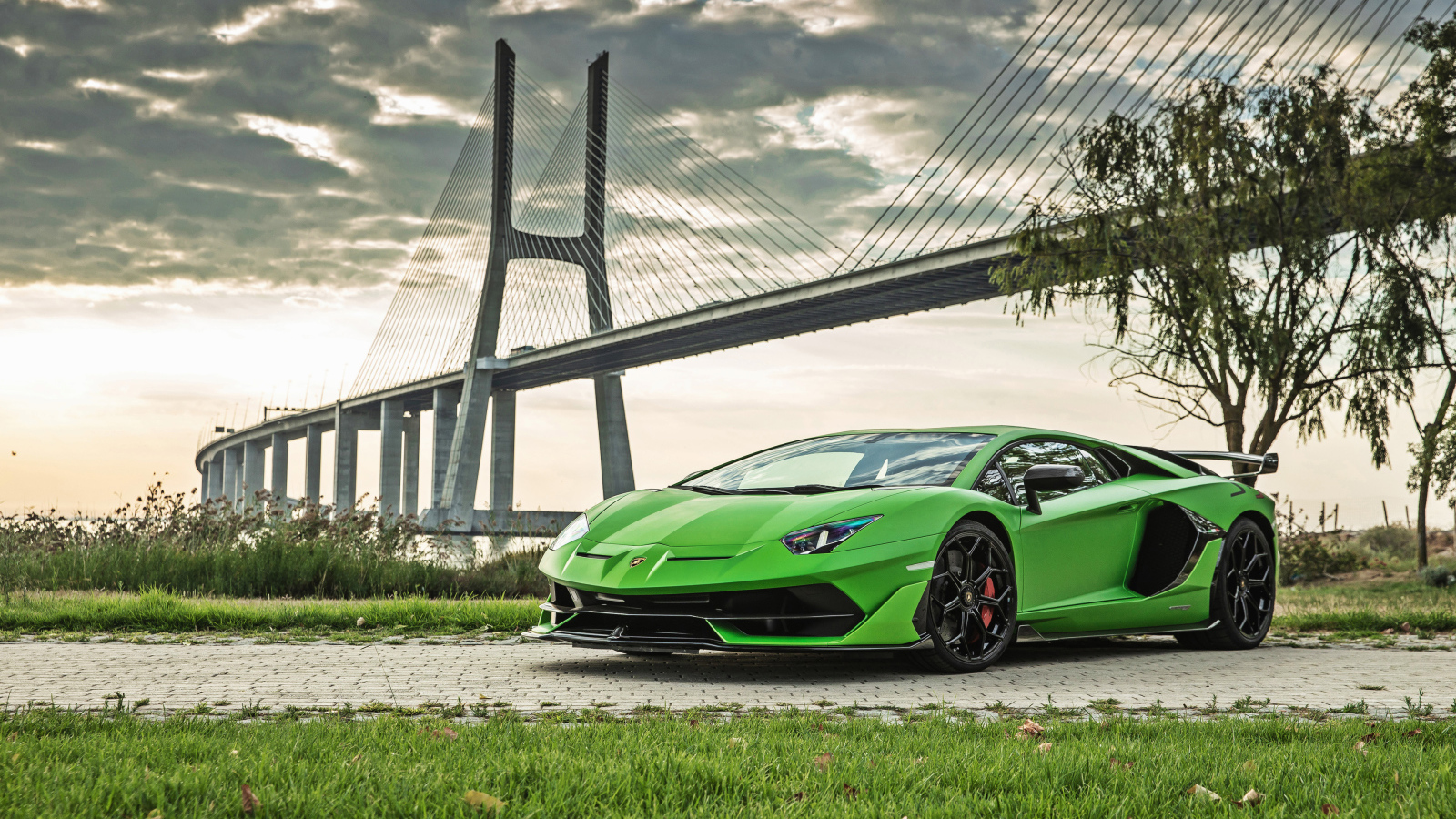Зеленый дорогой автомобиль Lamborghini Aventador SVJ 2018 года на фоне моста