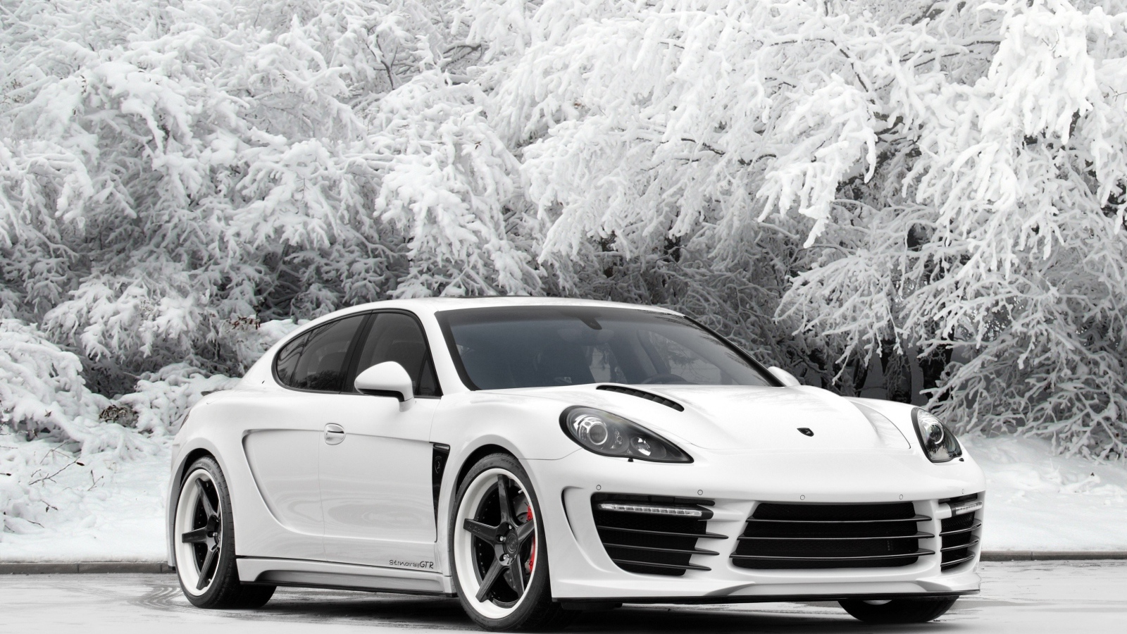 Белый автомобиль Porsche Panamera на фоне покрытых инеем деревьев 