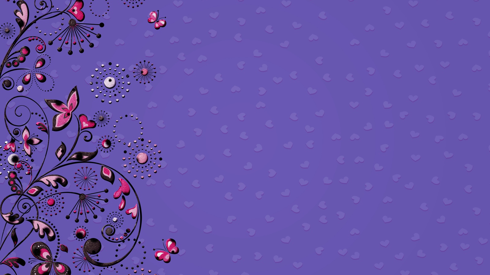 Узоры с бабочками и сердечками на фиолетовом фоне