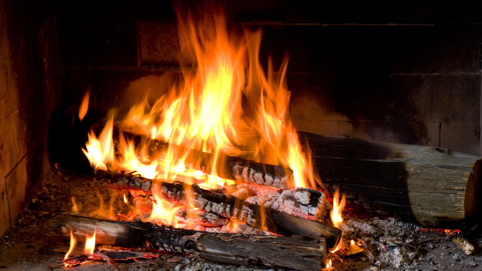 Дрова горят ярким пламенем в камине