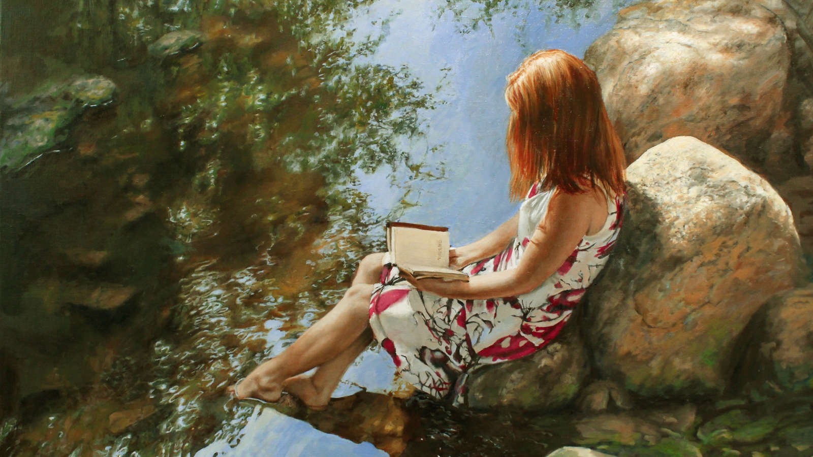 Нарисованная девушка с книгой сидит на камне у воды