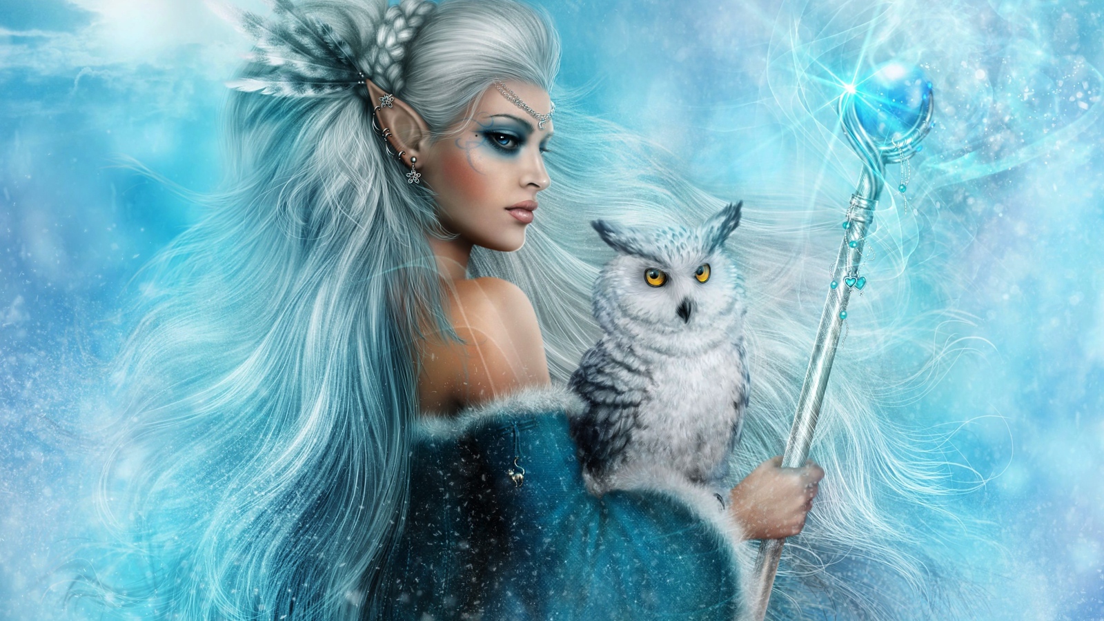 Женщина-эльф с белой совой и скипетром в руках, фэнтези