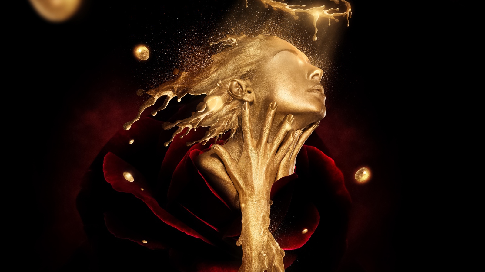 Лицо девушки из золота в красной розе, фэнтези