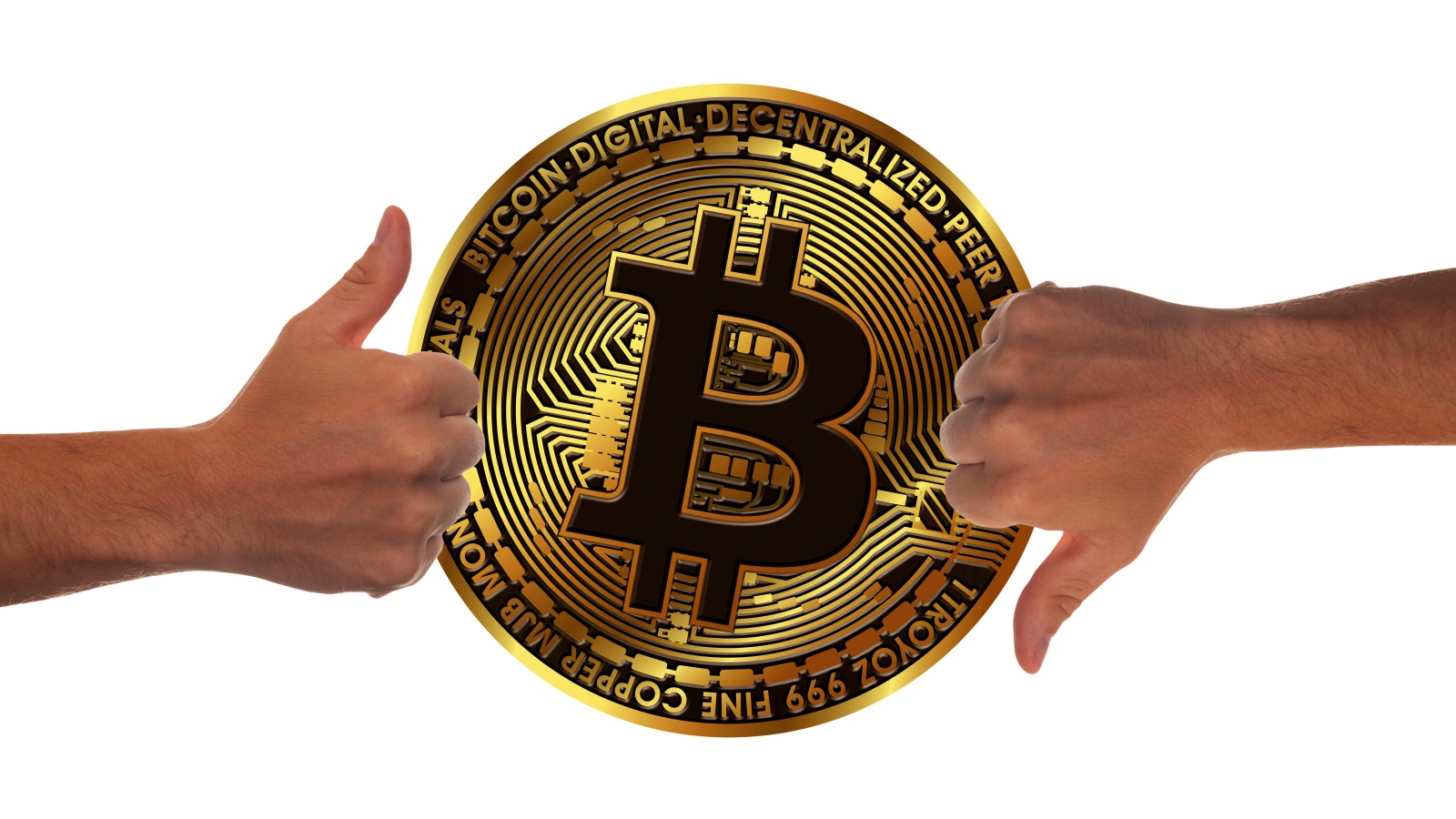 Two hands are evaluating a bitcoin coin on a white background.