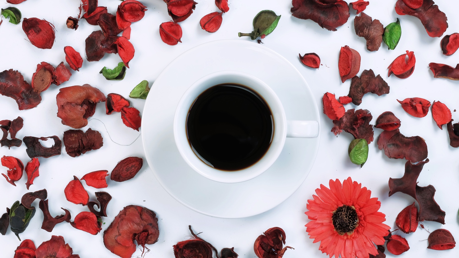 Чашка кофе на белой поверхности с сухими лепестками 