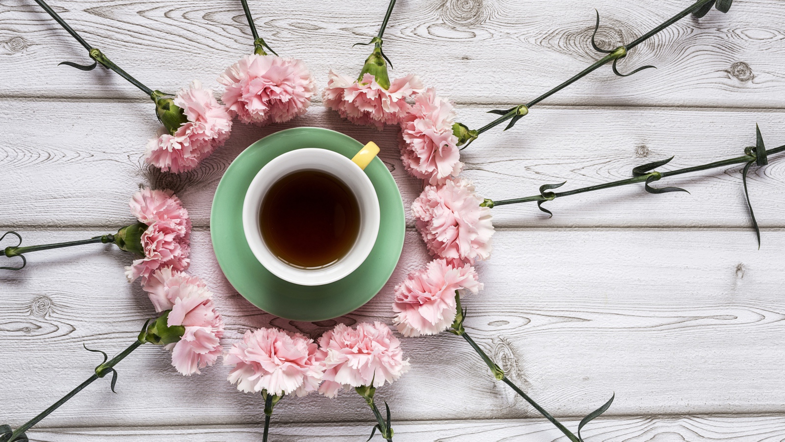 Чашка чая с розовыми гвоздиками на деревянном фоне