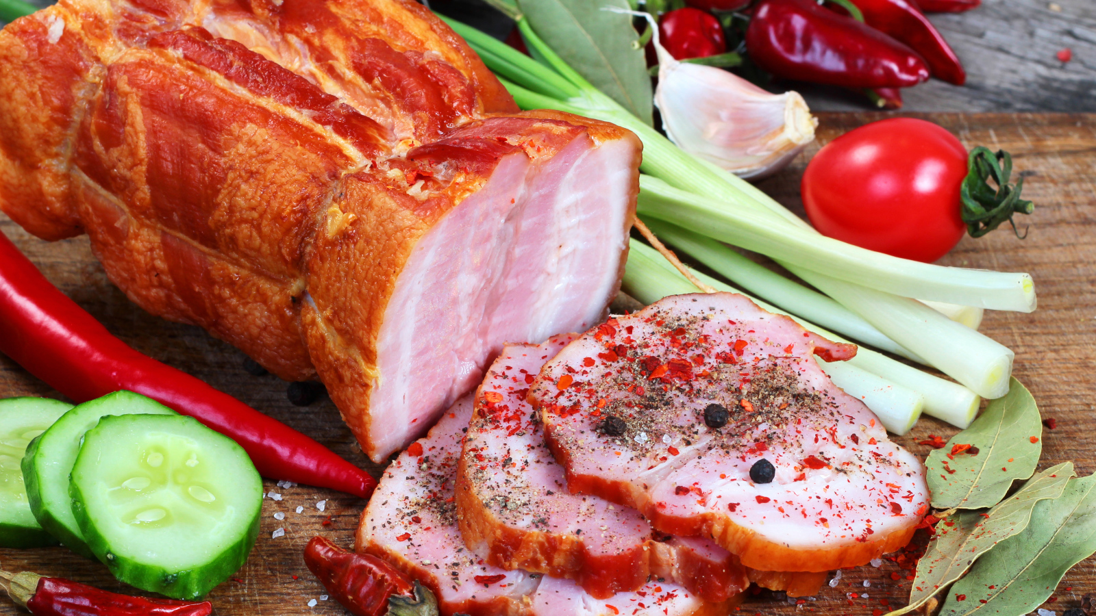 Аппетитная ветчина со специями и свежими овощами на столе