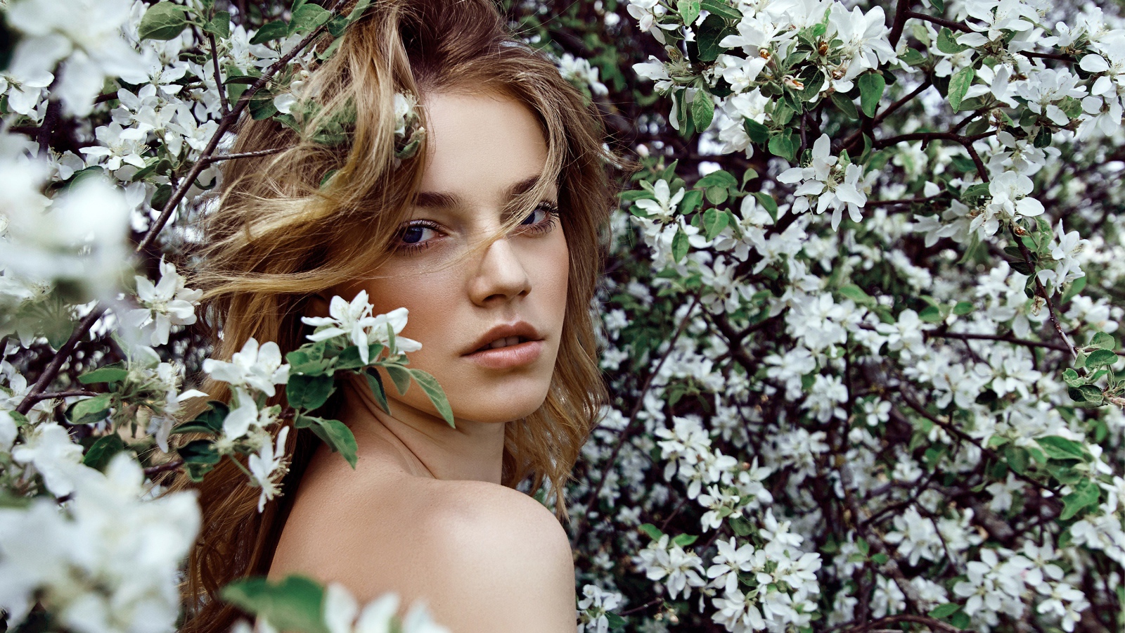 Красивая девушка в ветках цветущей яблони 