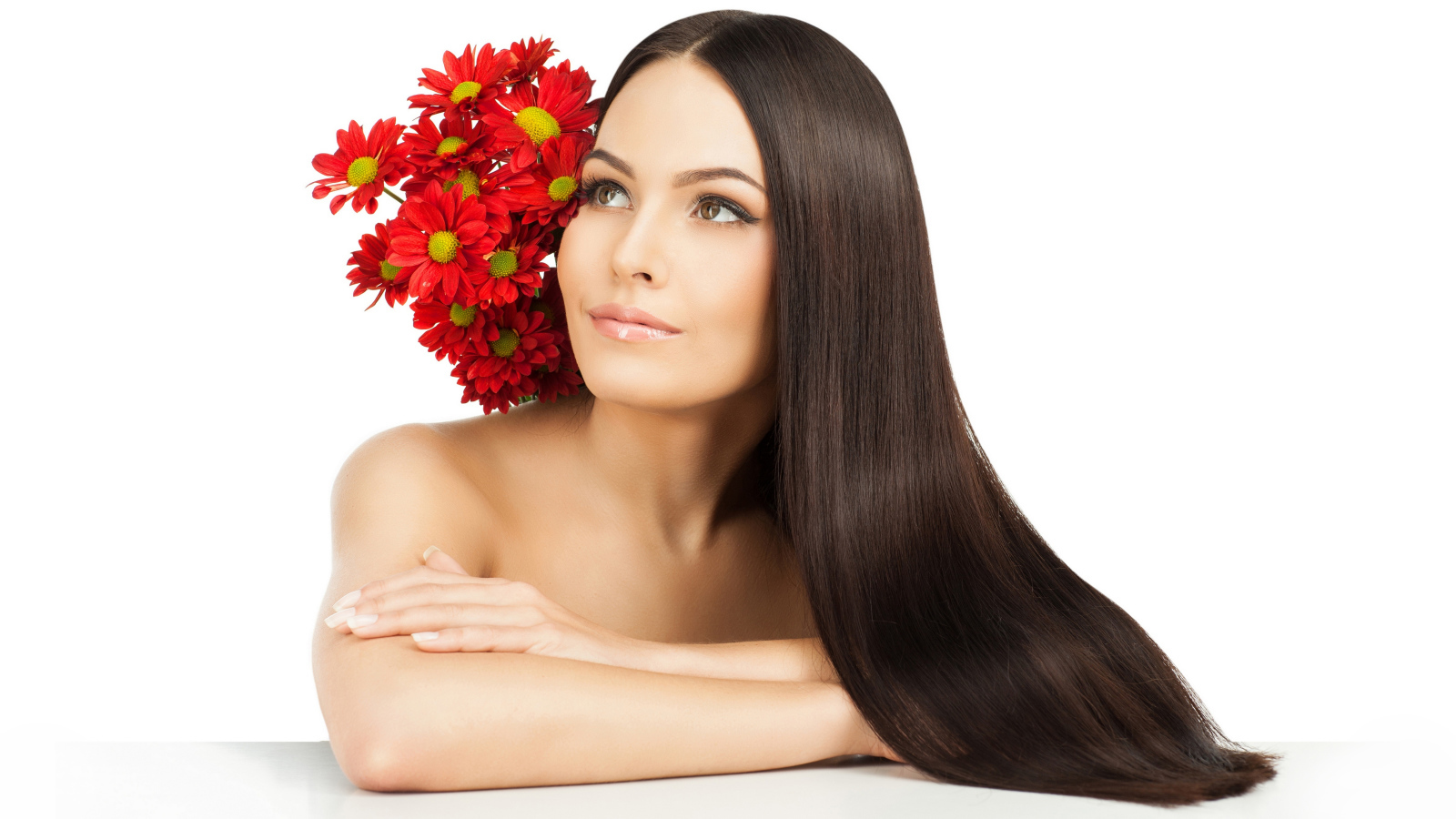 Красивая длинноволосая девушка шатенка с букетом хризантем на белом фоне