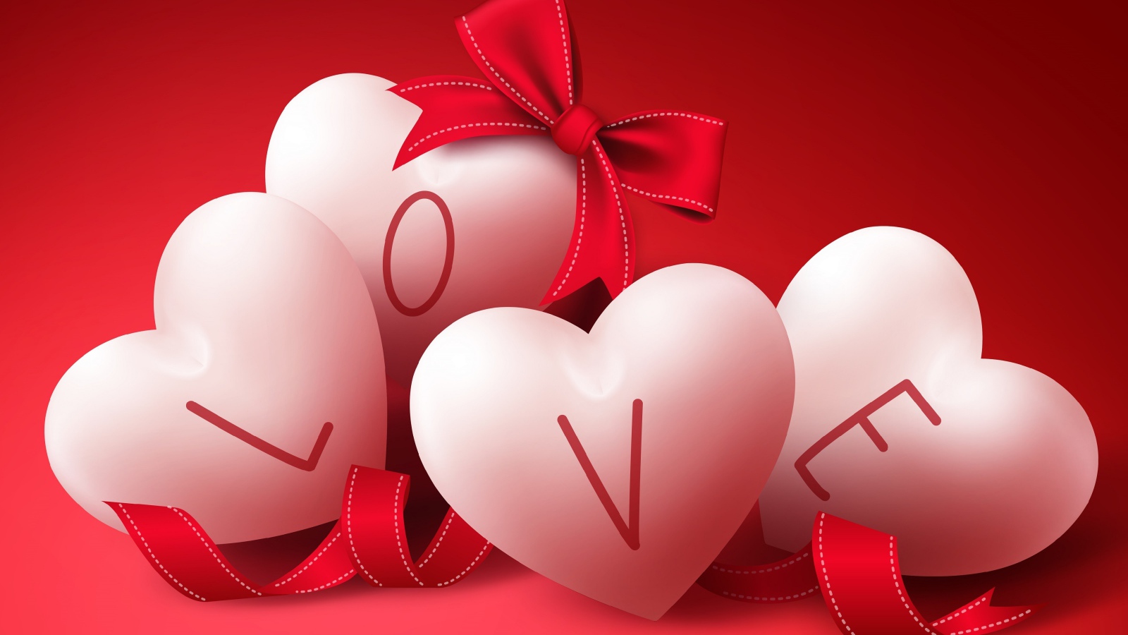 Большие белые сердечки на красном фоне с бантом