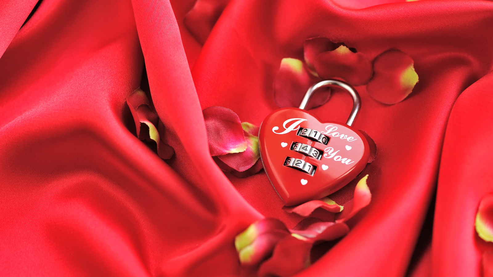 Кодовый замок в форме сердца на красном фоне с лепестками розы