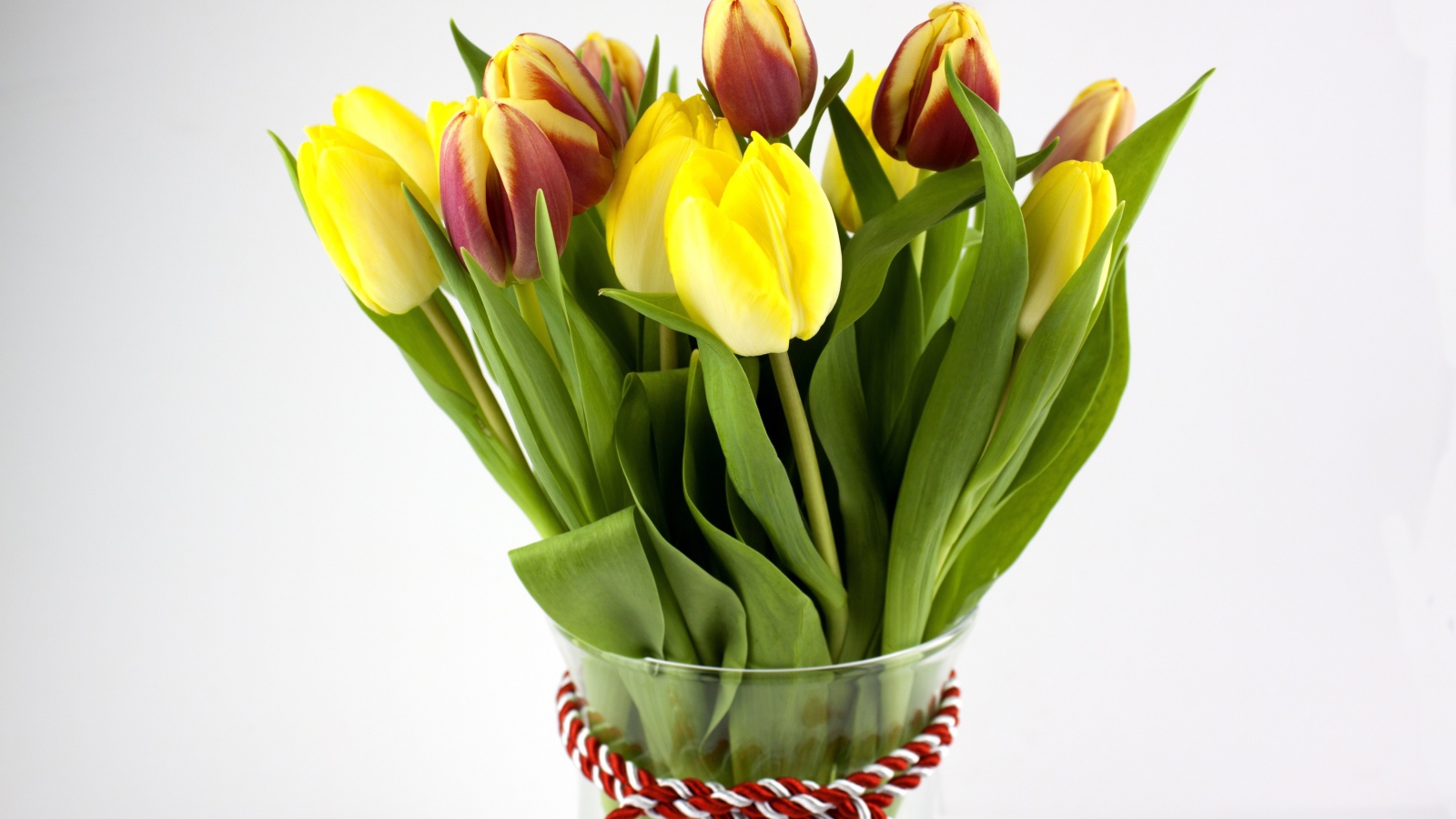 Букет желтых и красно-желтых тюльпанов на сером фоне