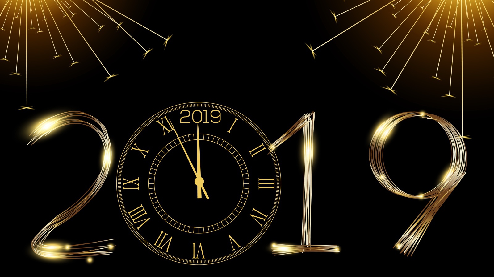 Bright numbers 2019 with a clock on a black background.