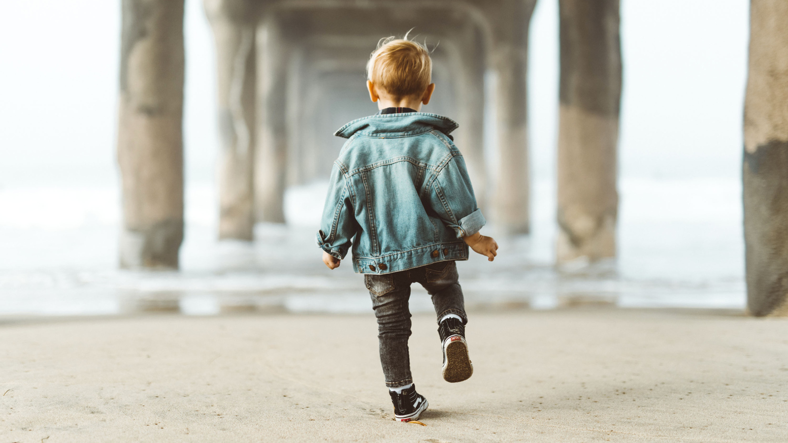 Маленький мальчик в джинсовой куртке спиной