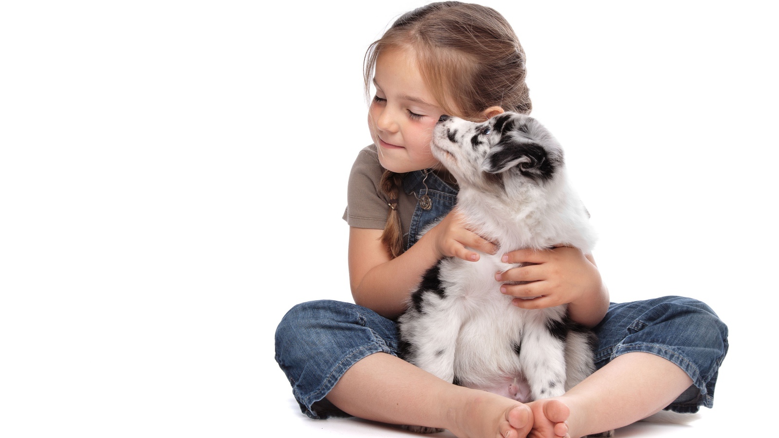 Маленькая девочка обнимает щенка на белом фоне