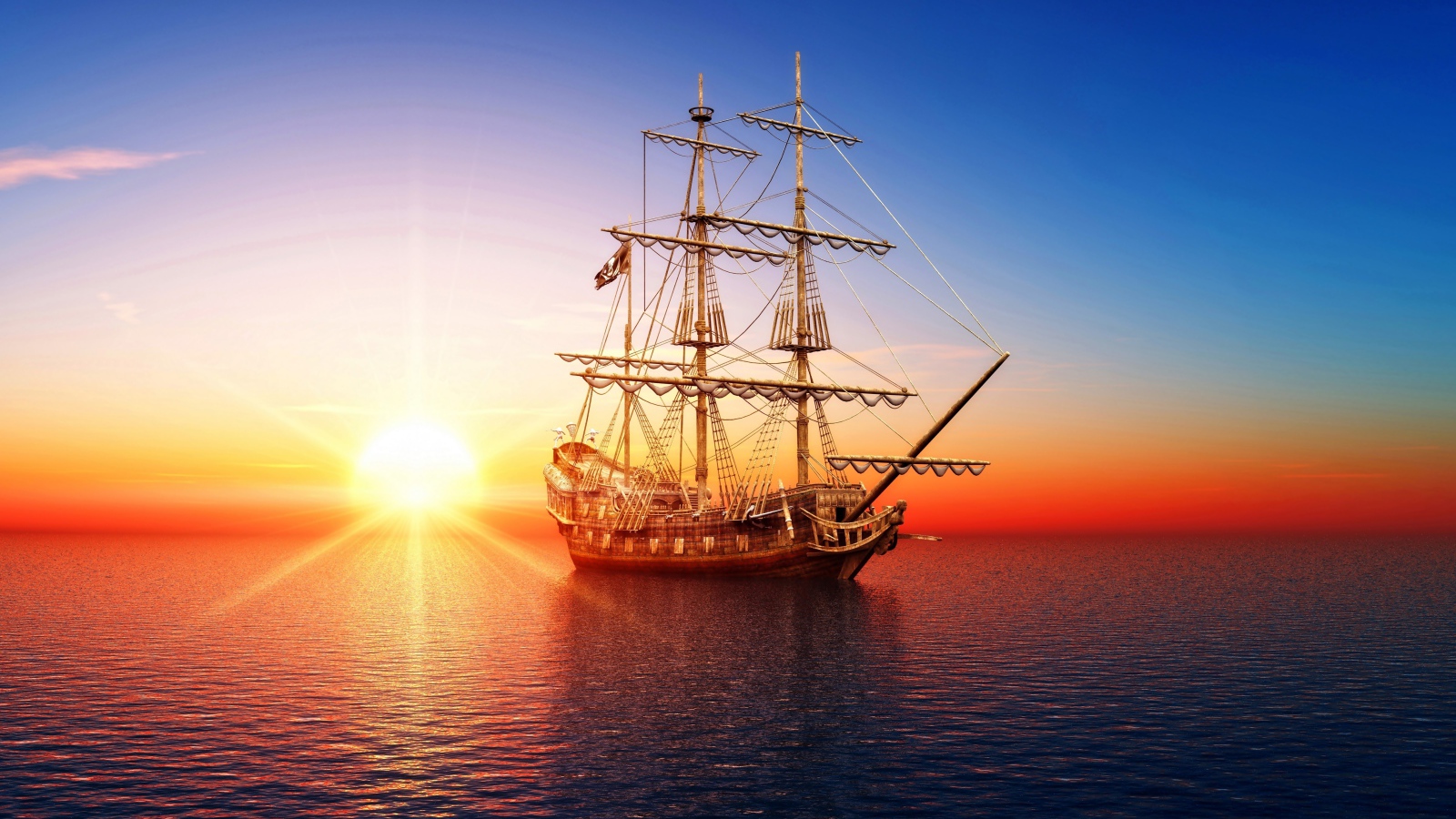 Большой пиратский корабль в море на закате солнца