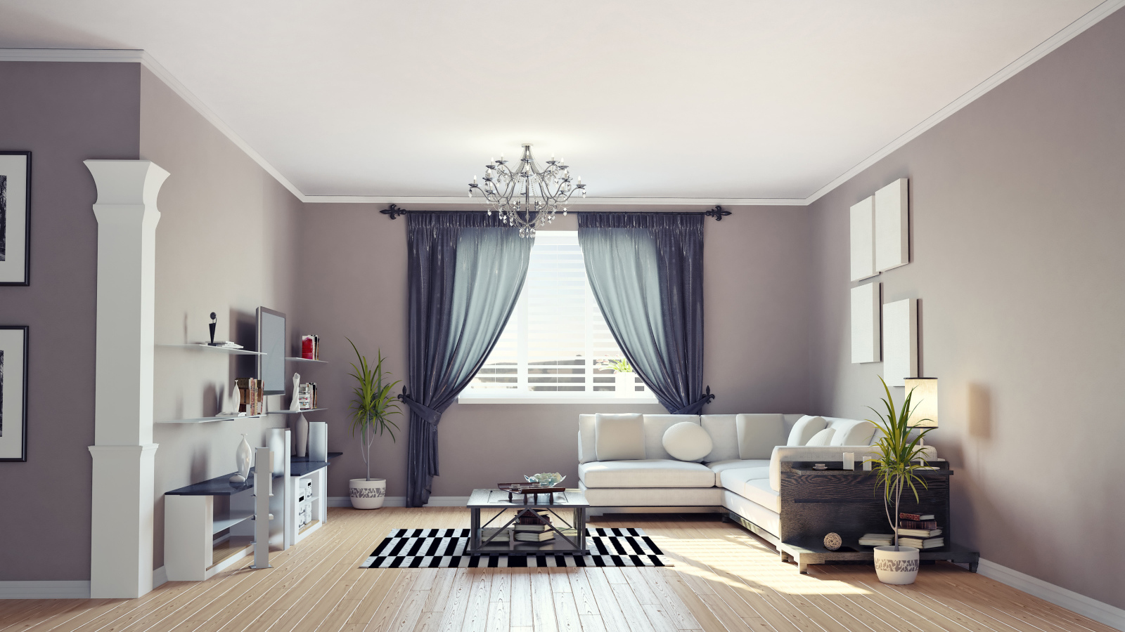 Гостиная комната в серых тонах с диваном