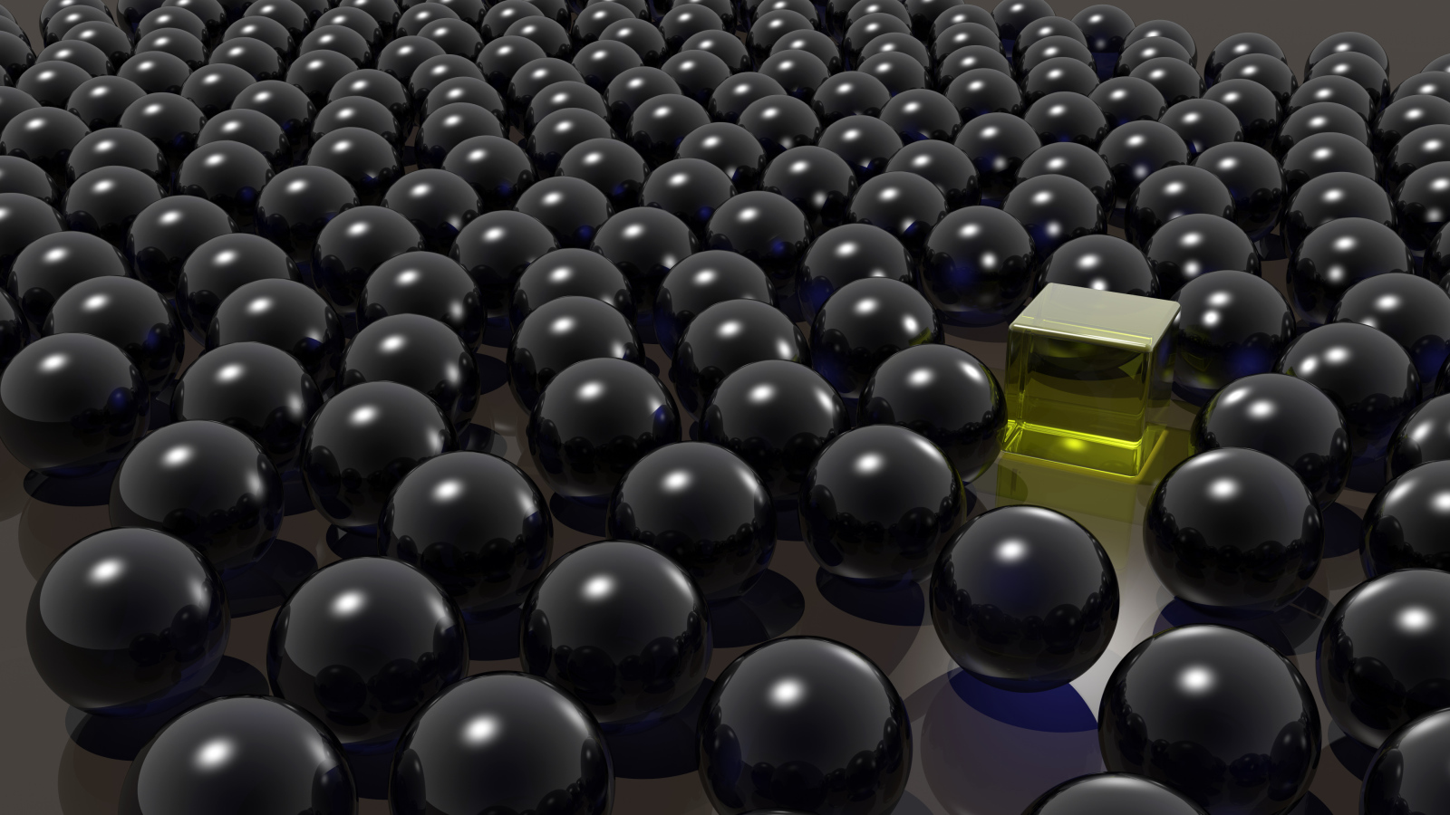 Желтый куб среди черных шаров 3д графика