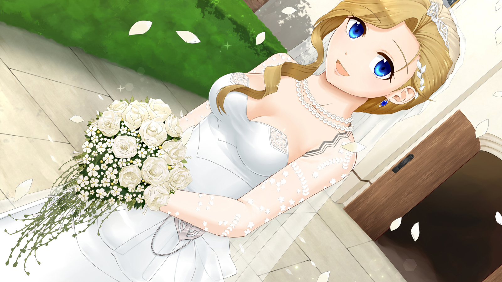 Девушка аниме в белом свадебном платье с букетом