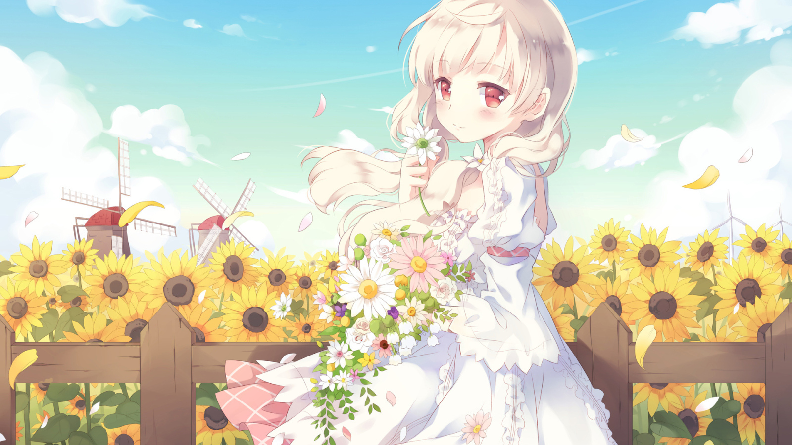 Красивая девушка аниме с букетом цветов в руках 