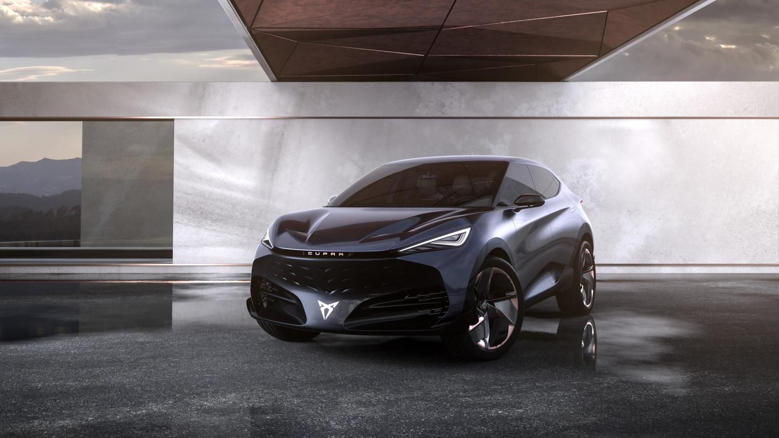 Черный автомобиль Cupra Tavascan Concept в здании 