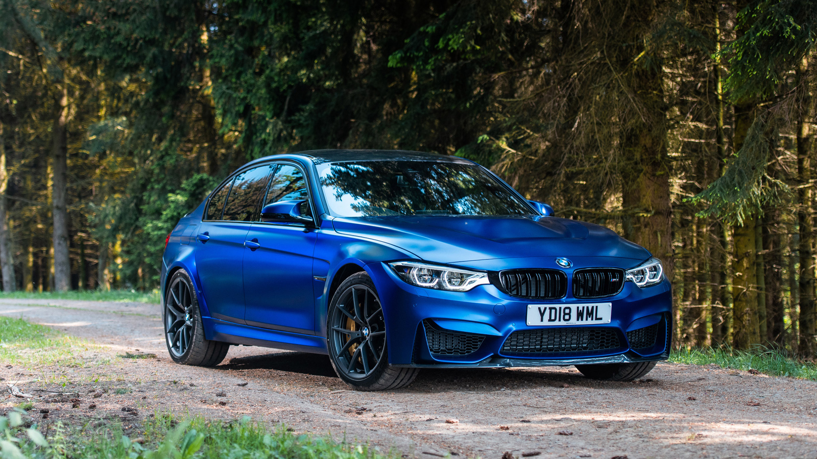 Синий автомобиль BMW M3 на фоне деревьев