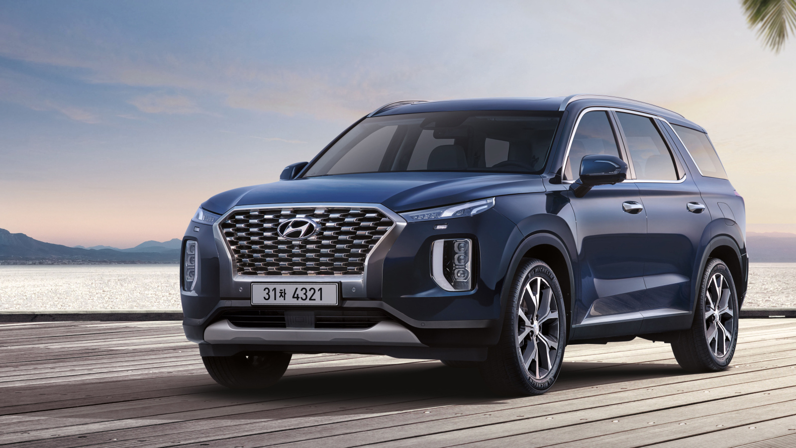 Синий автомобиль Hyundai Palisade 2020 года на мосту
