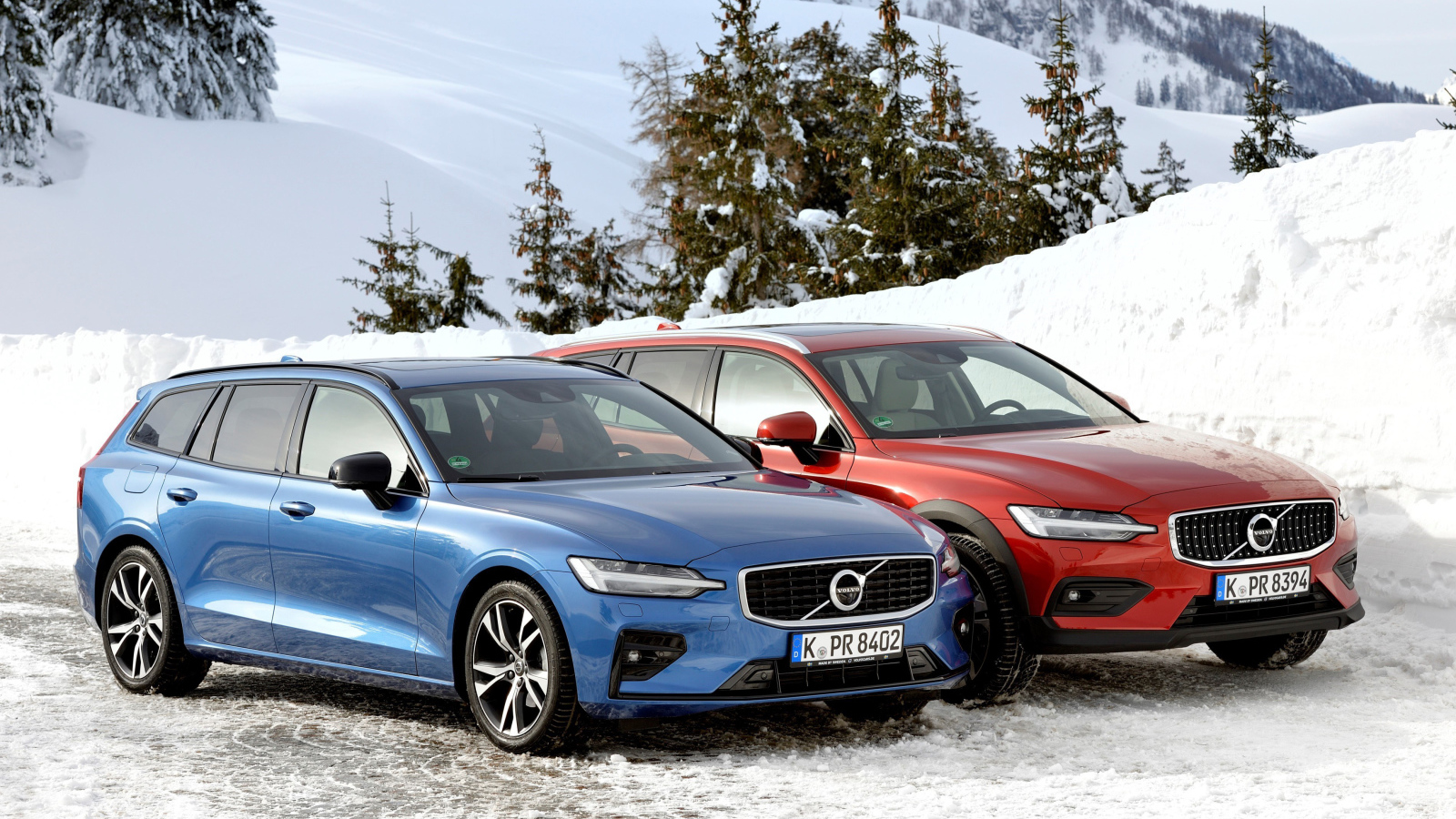 Два автомобиля Volvo V60 на фоне заснеженного леса