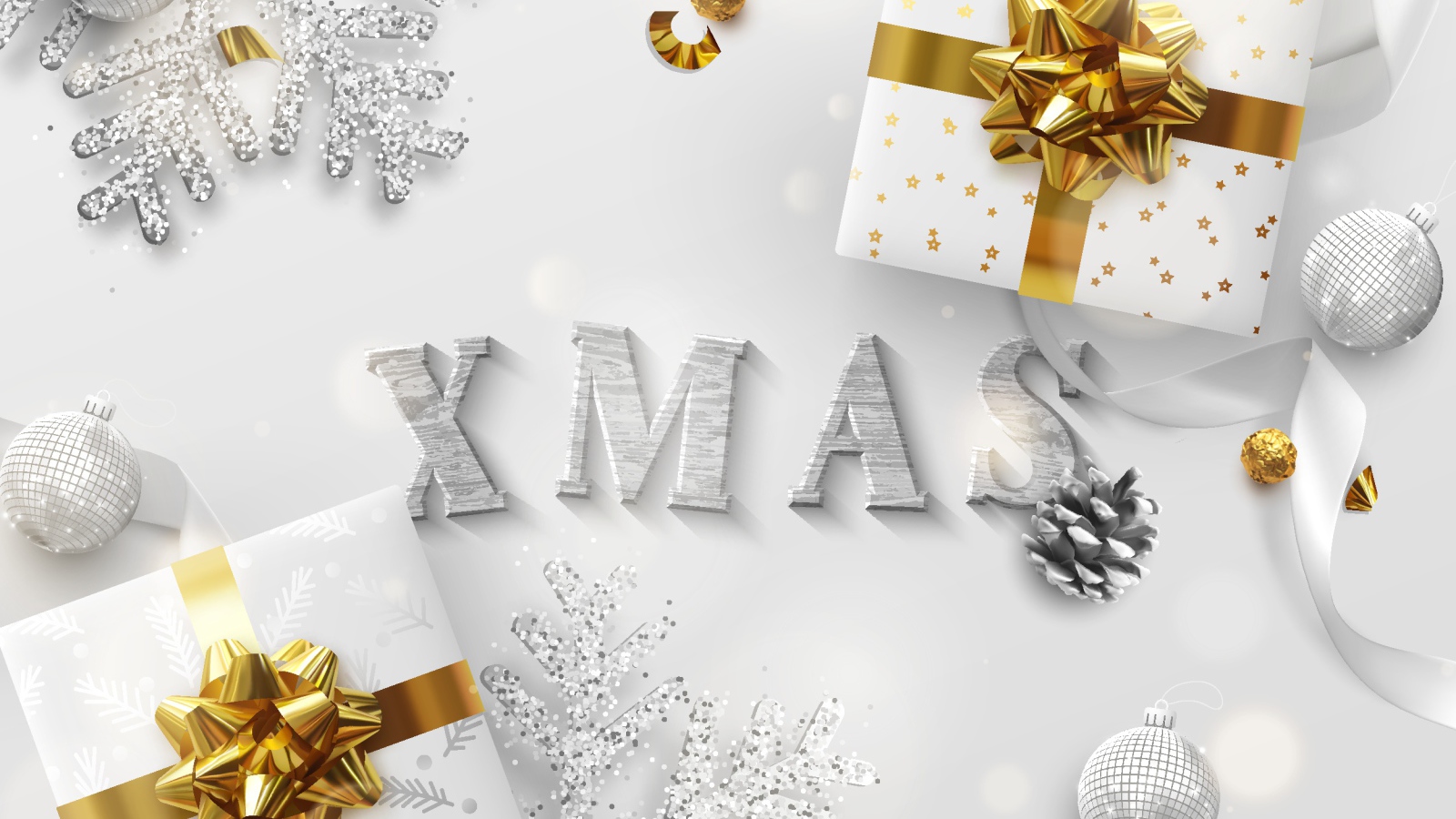 Два подарка и снежинки на Рождество 