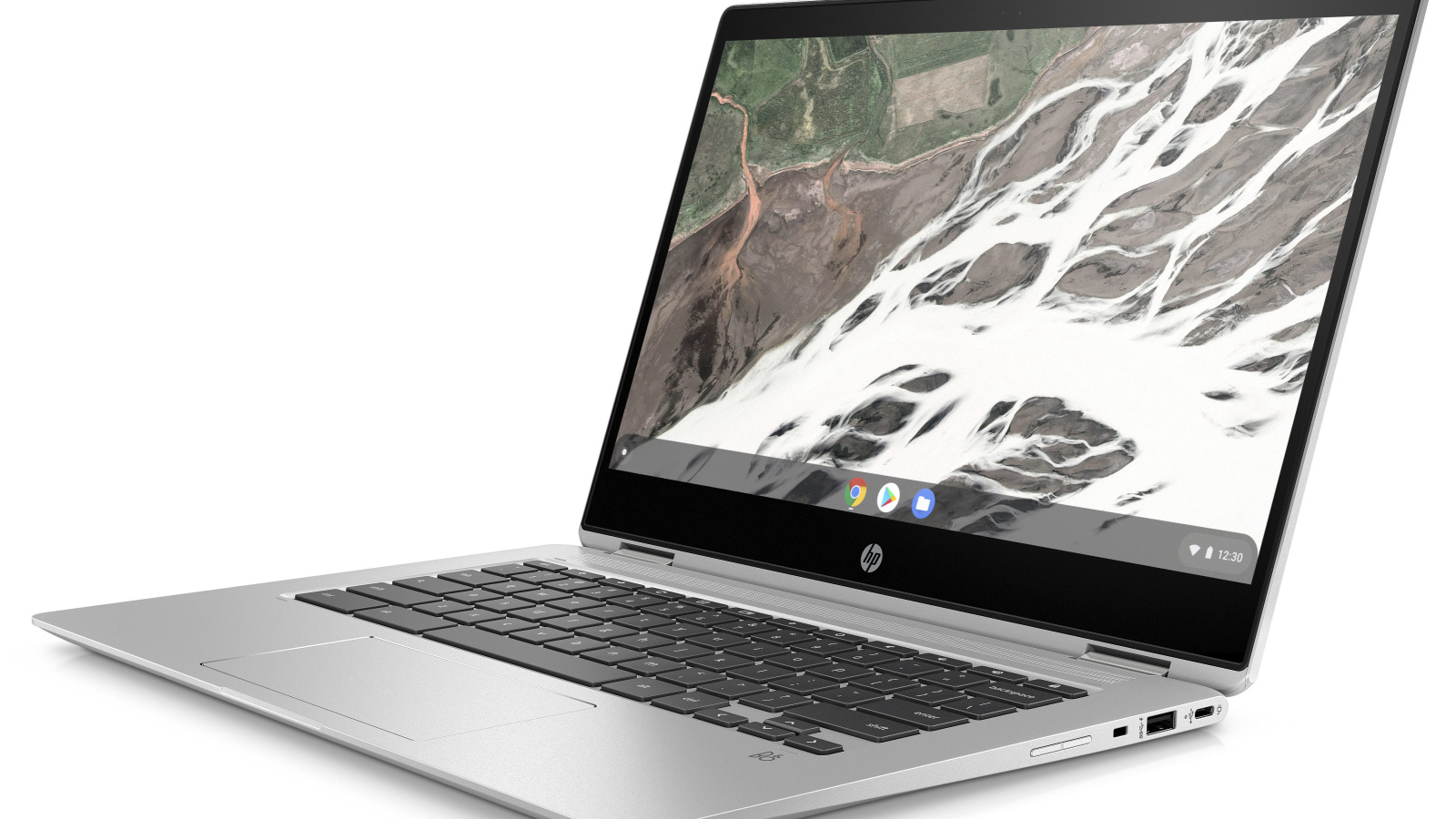 Портативный ноутбук HP Chromebook x360 14 G1 на белом фоне, CES 2019