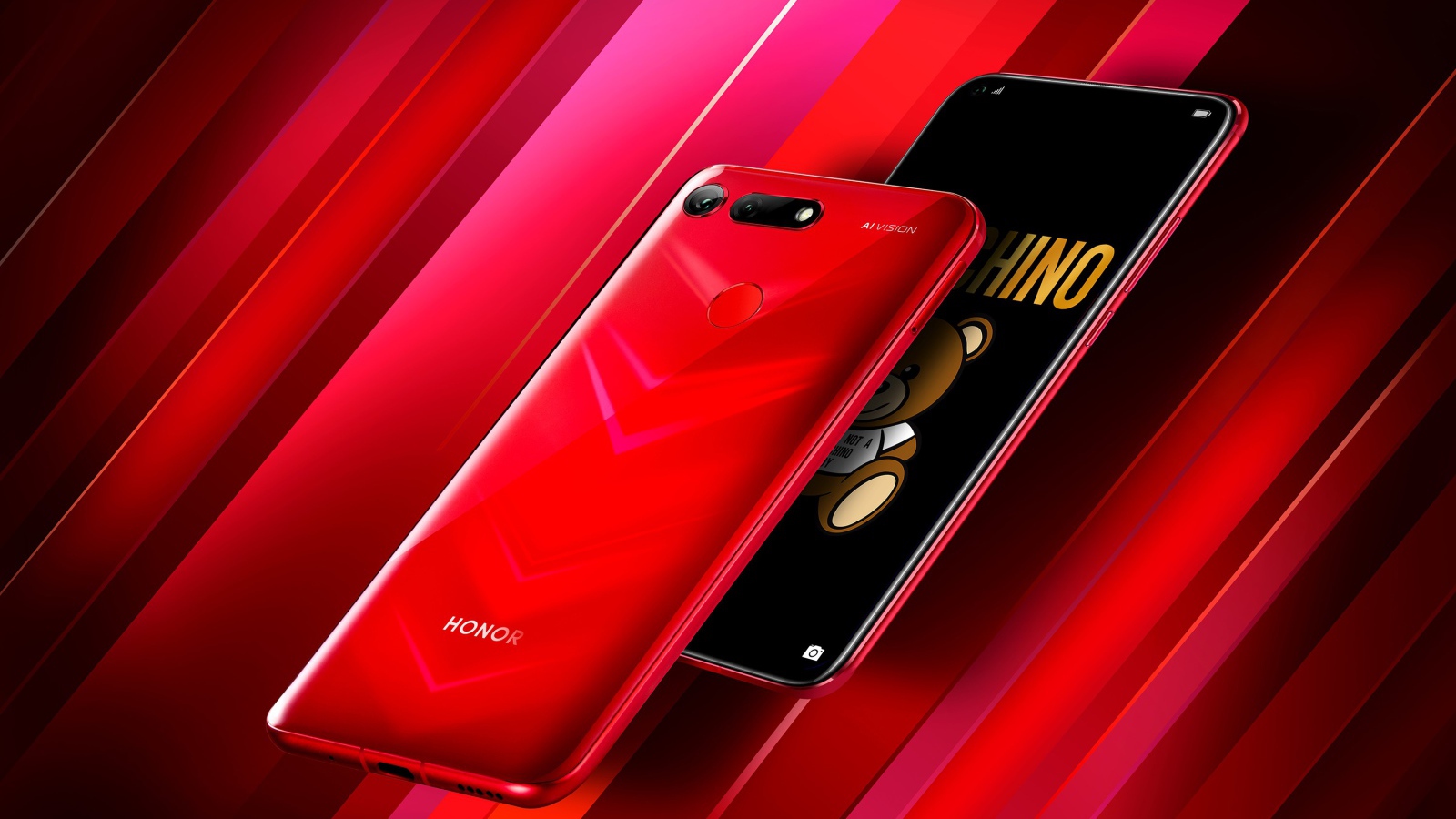 Стильный тонкий смартфон Honor View 20 на красном фоне