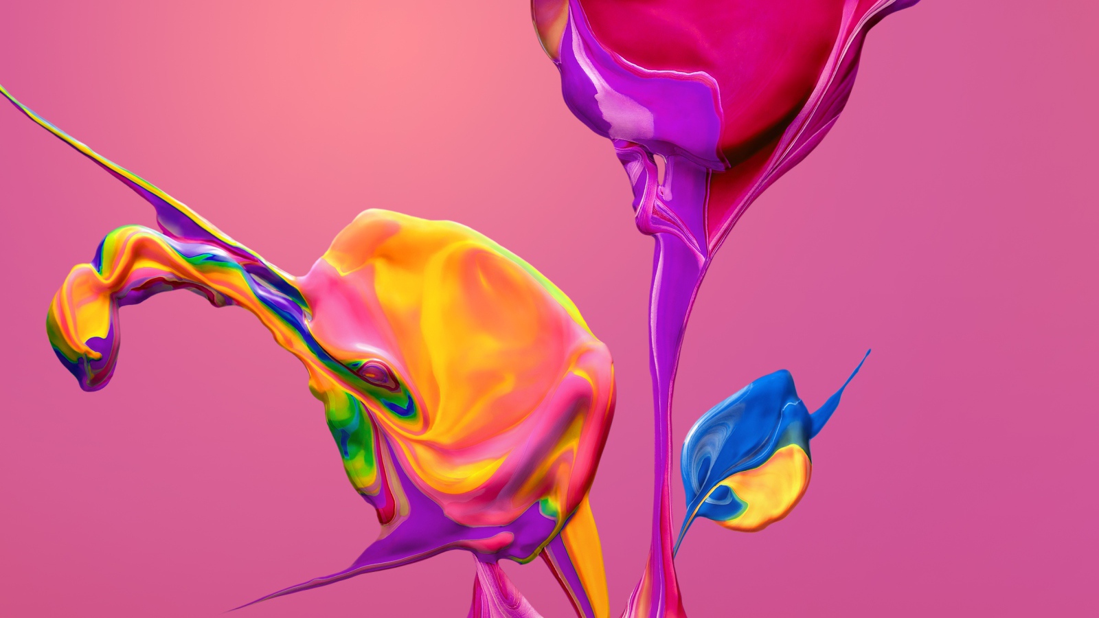 Разноцветные краски смешиваются на розовом фоне