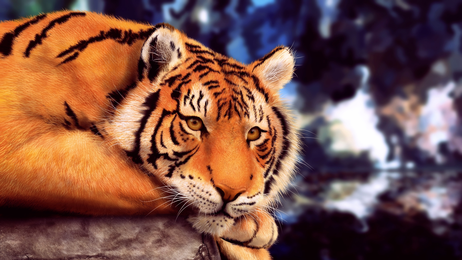 Большой нарисованный тигр лежит на камне