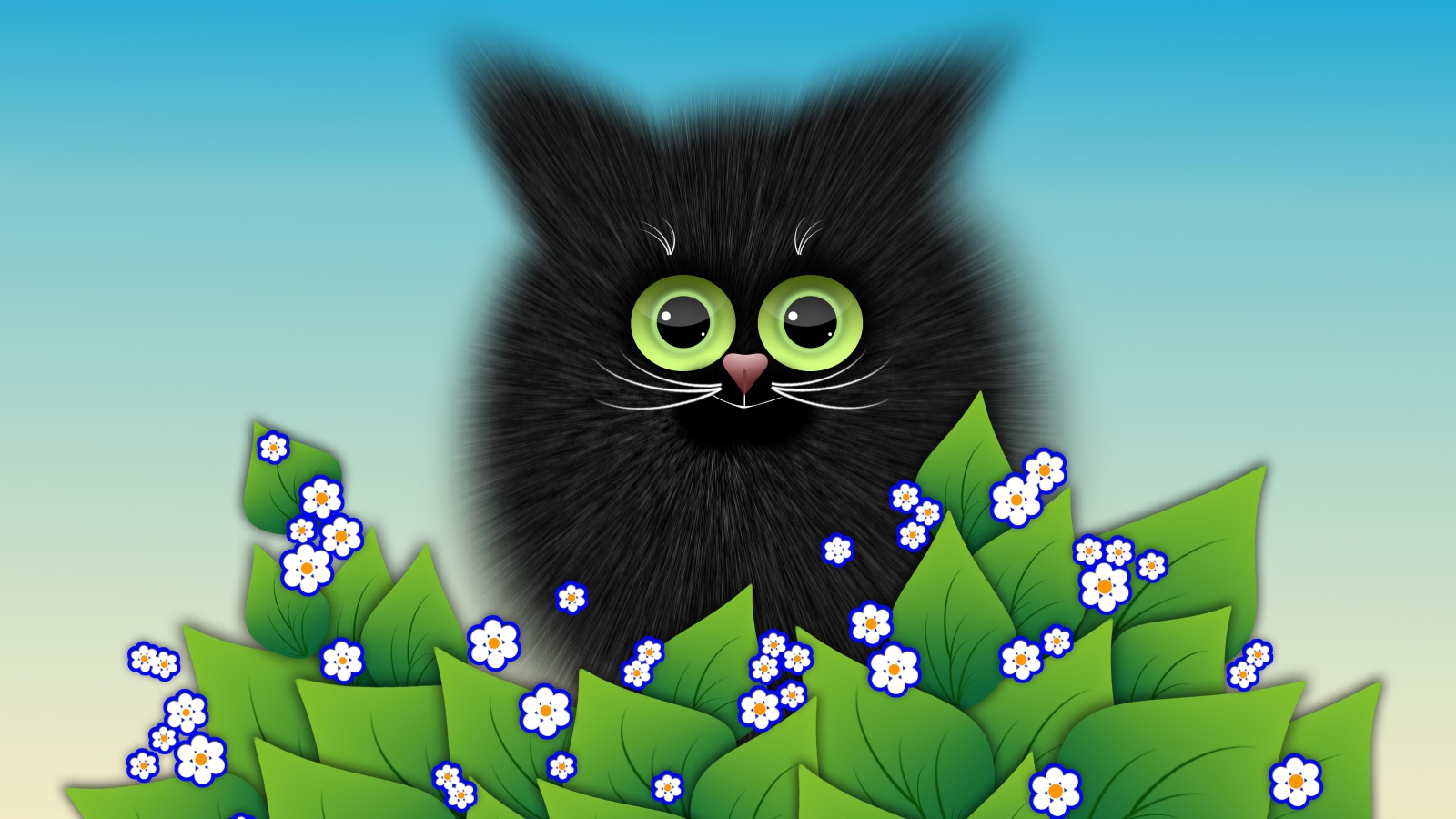 Черный котенок с зелеными листьями векторный рисунок