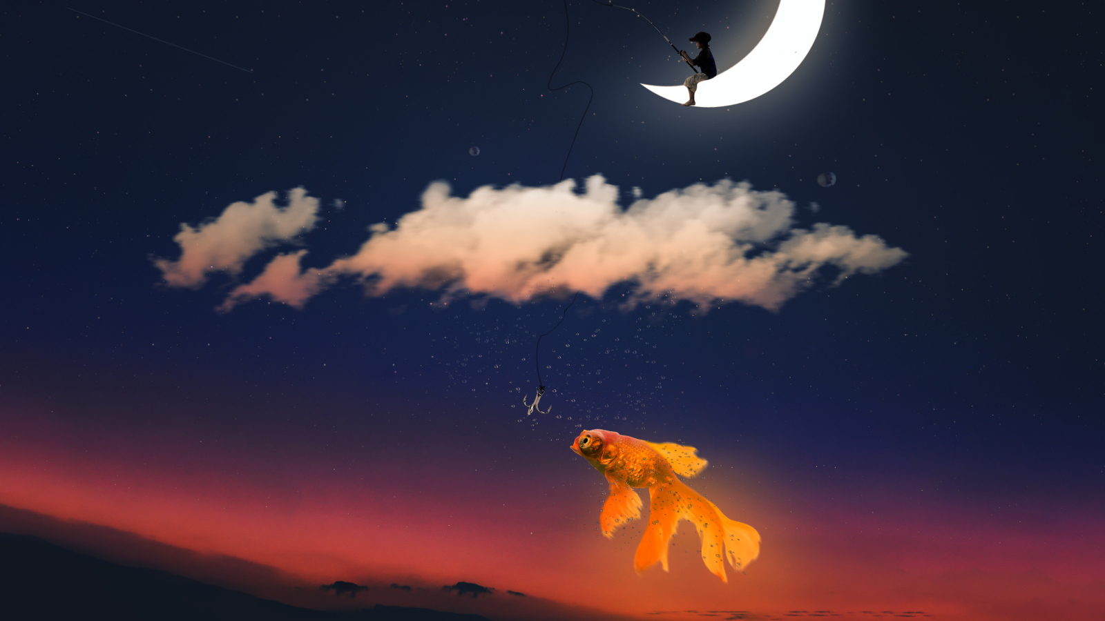 Мальчик на месяце ловит золотую рыбку фэнтези