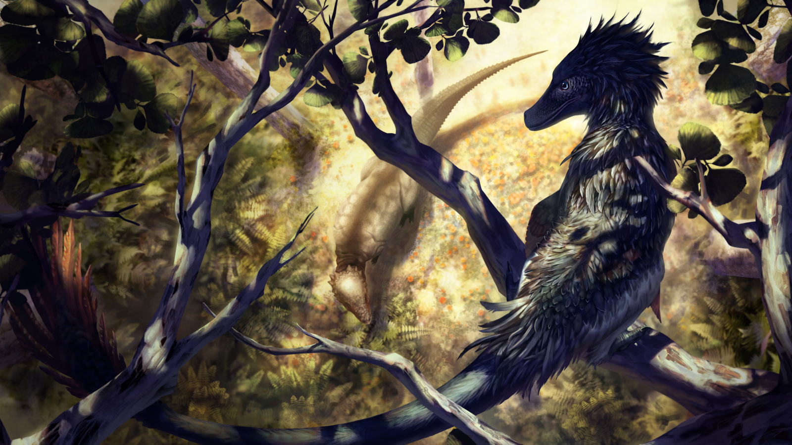 Фантастический дракон сидит на ветке 