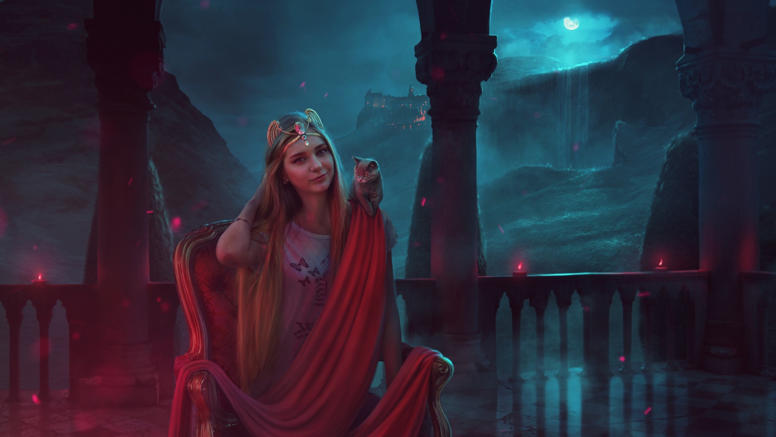 Фантастическая девушка с серым котенком на плече