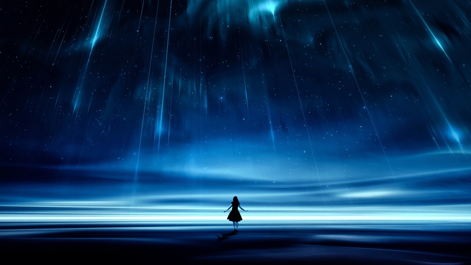 Девушка под фантастическим звездопадом в красивом небе