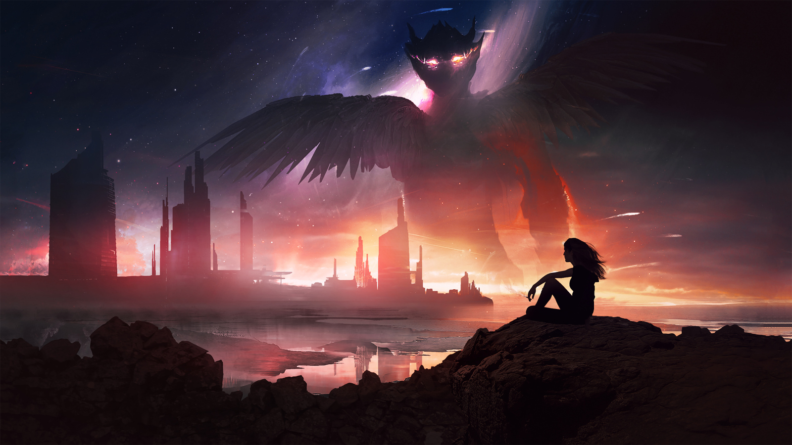 Девушка на камне на фоне фантастического дракона в небе 