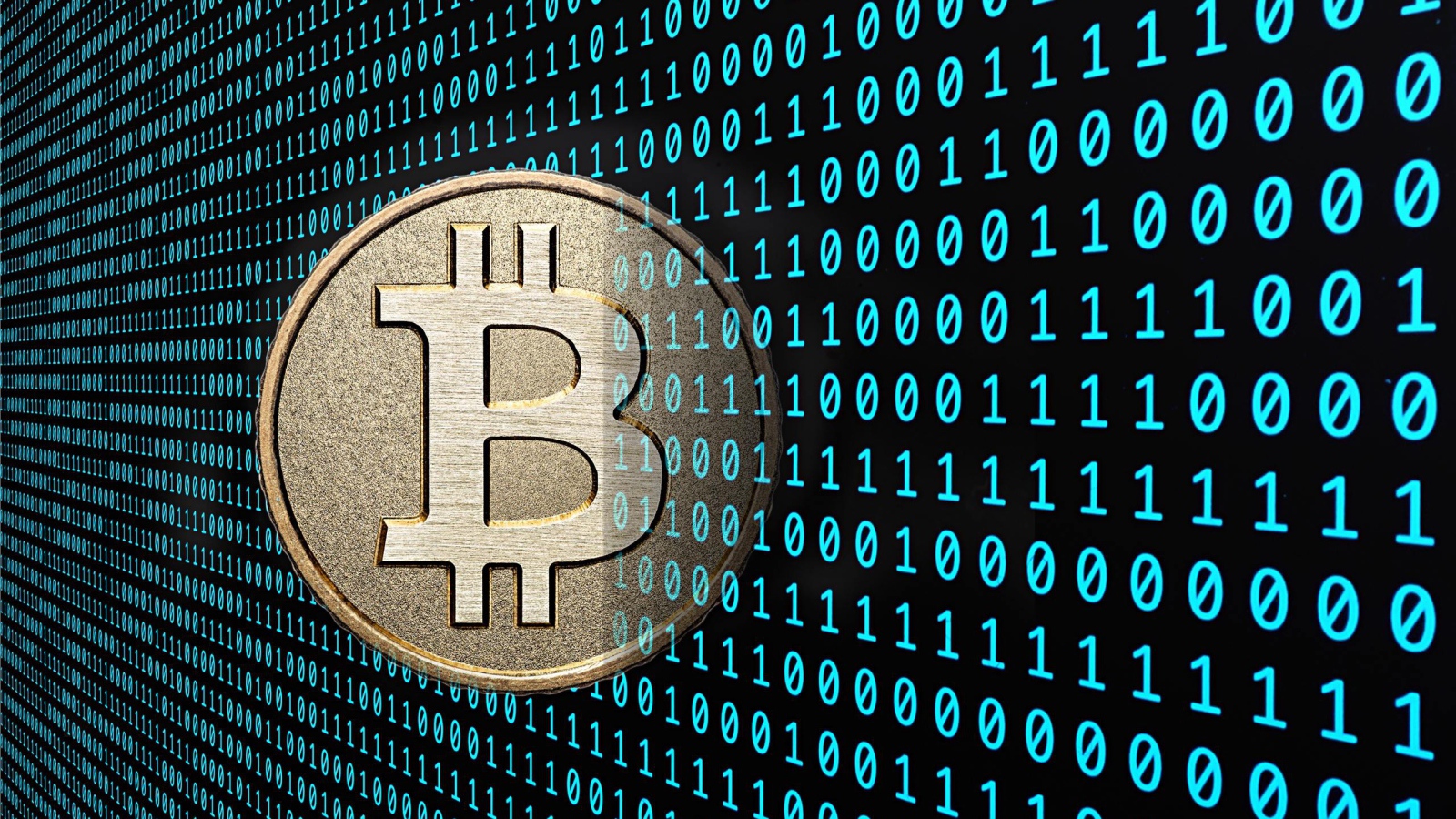 Монета Биткоин на фоне числового кода