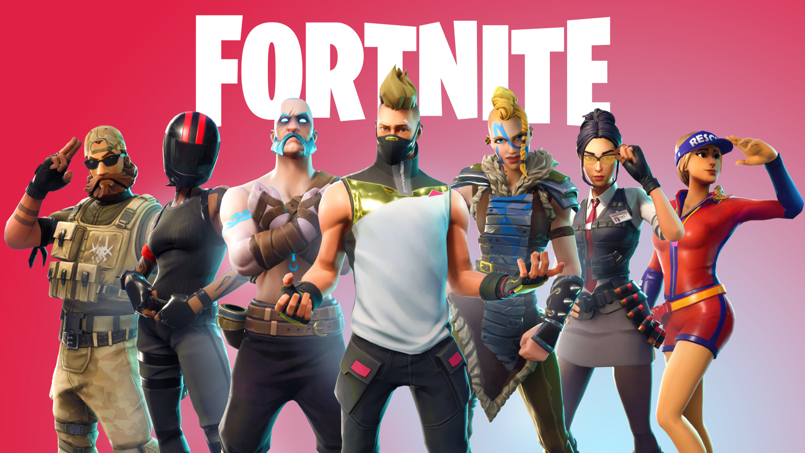 Персонажи компьютерной игры Fortnite на розовом фоне