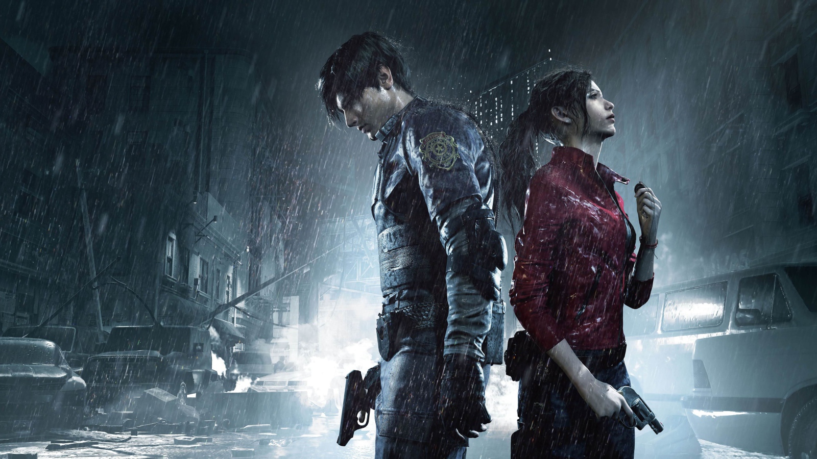 Персонажи компьютерной игры Resident Evil 2, 2019 года под дождем