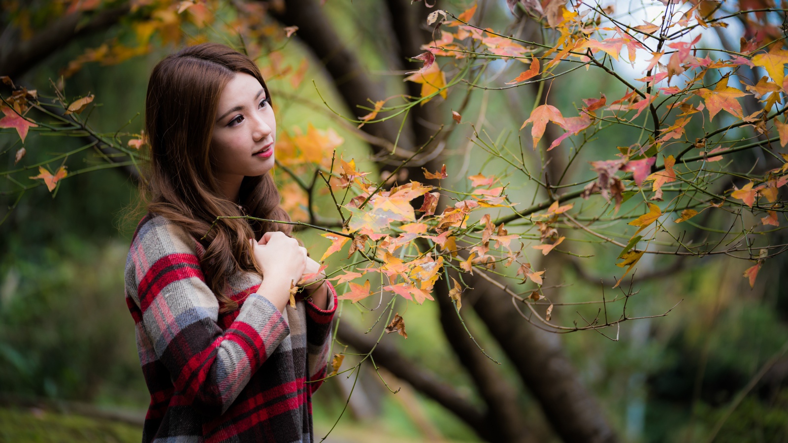 Красивая азиатка стоит у дерева