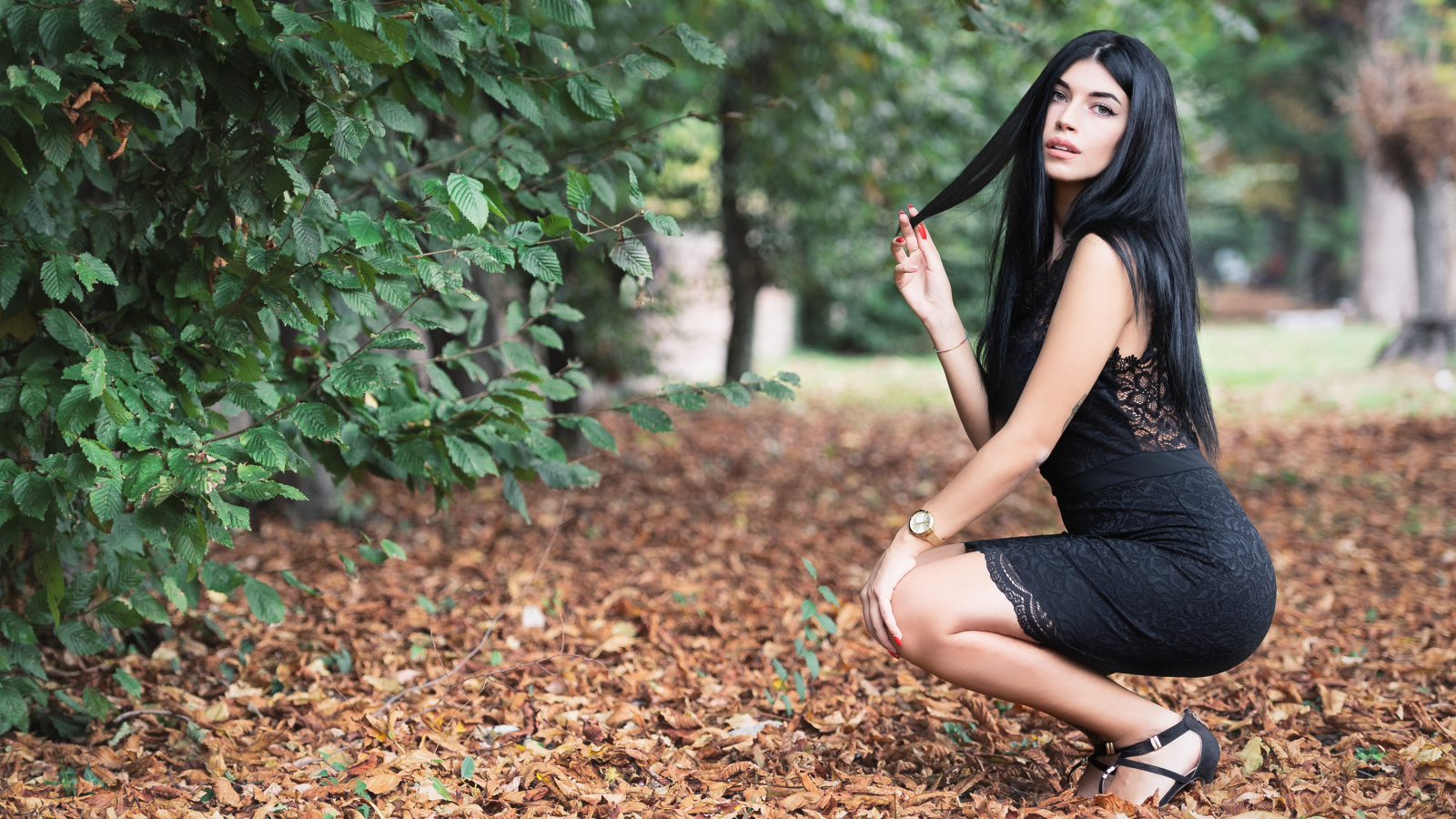 Красивая брюнетка в черном платье в парке осенью 