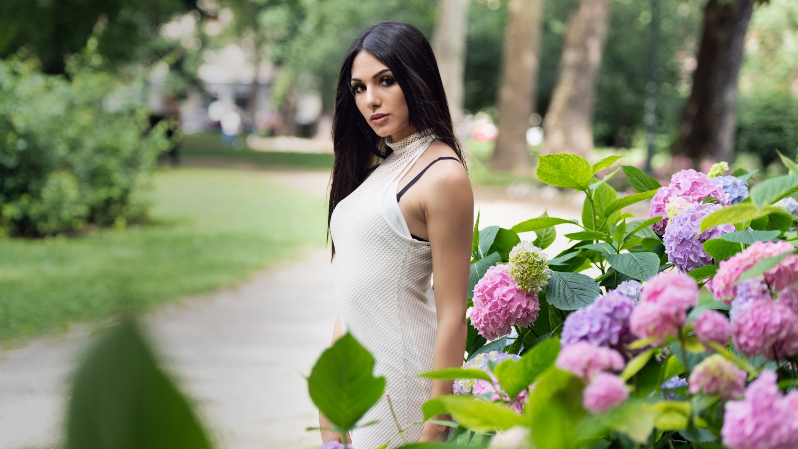 Красивая брюнетка стоит рядом с кустом гортензии