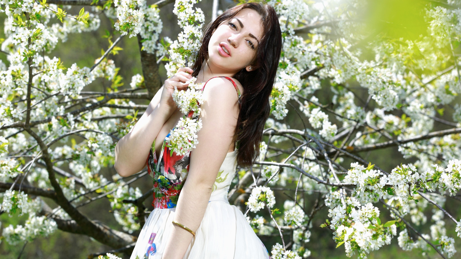 Длинноволосая девушка стоит у цветущей вишни 