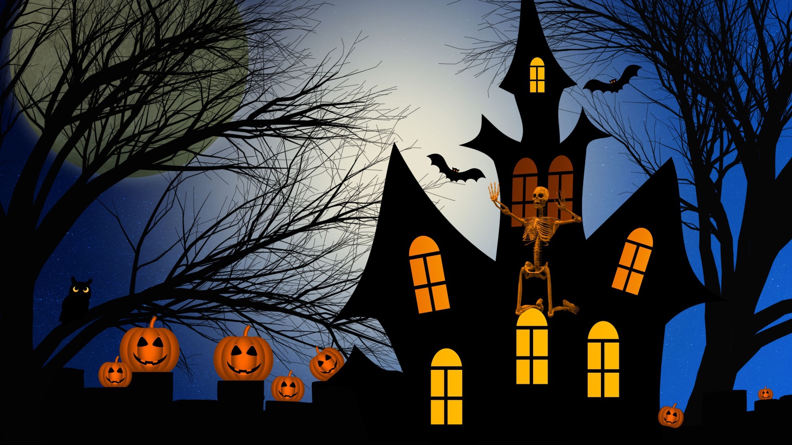 Зловещий замок со скелетом, тыквами и летучими мышами на фоне большой луны 