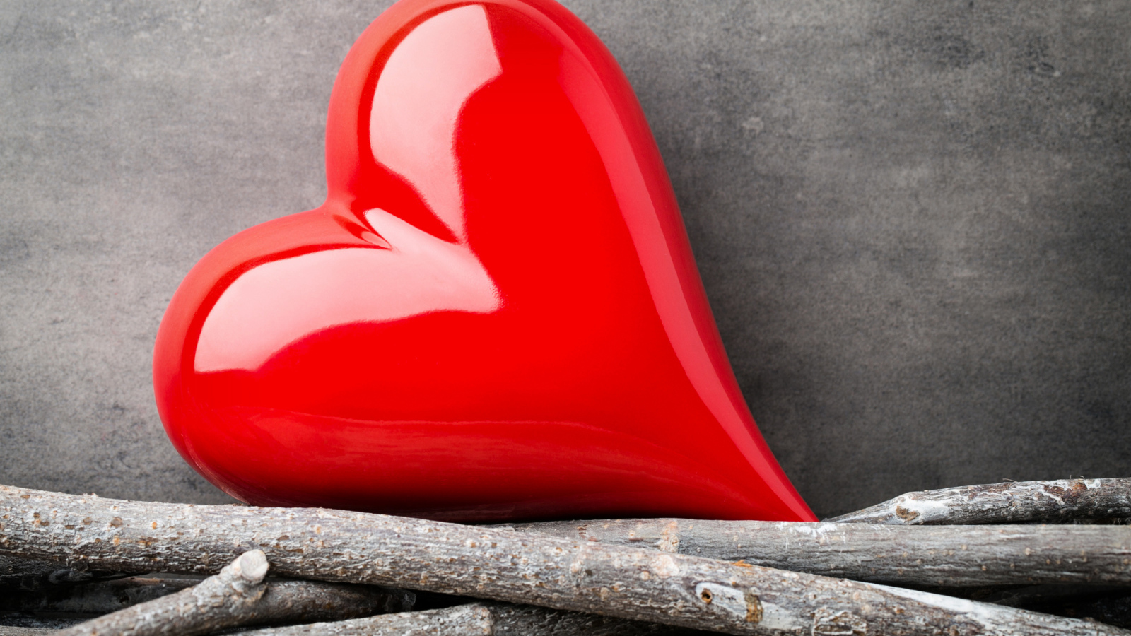 Большое красное сердце лежит на ветках на фоне серой стены