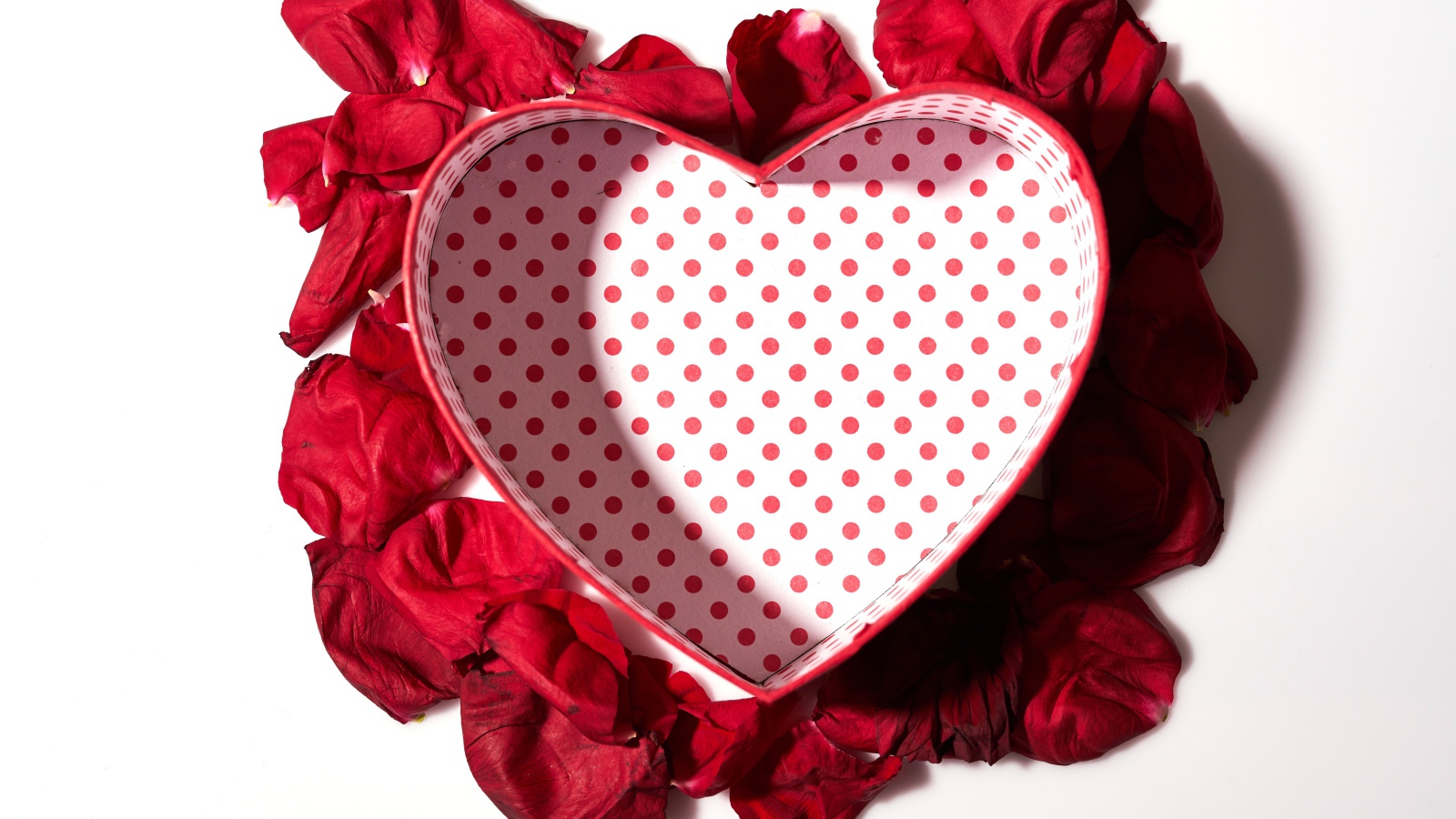 Подарочная коробка в форме сердца с лепестками красной розы на белом фоне